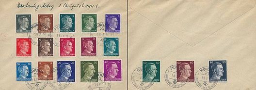 Obálka prvního dne z 1. srpna 1941. Známky s Adolfem. Obálka prvního dne z 1. srpna 1941. Známky s Adolfem.